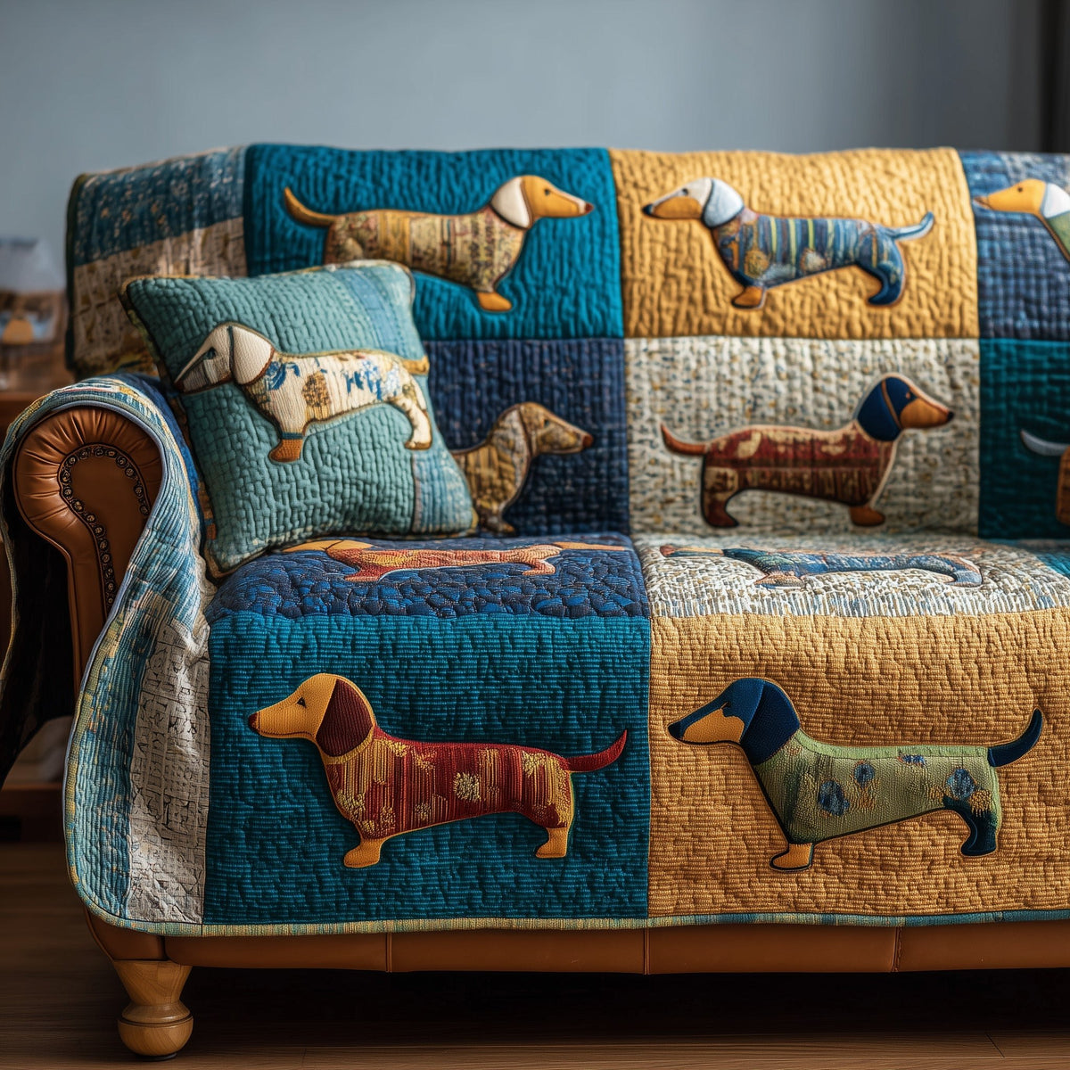 Dachshunds on Teal and Denim Sofa Cover