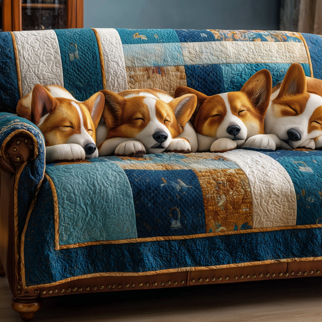 Sleeping Corgis on Teal and Gold Sofa Cover