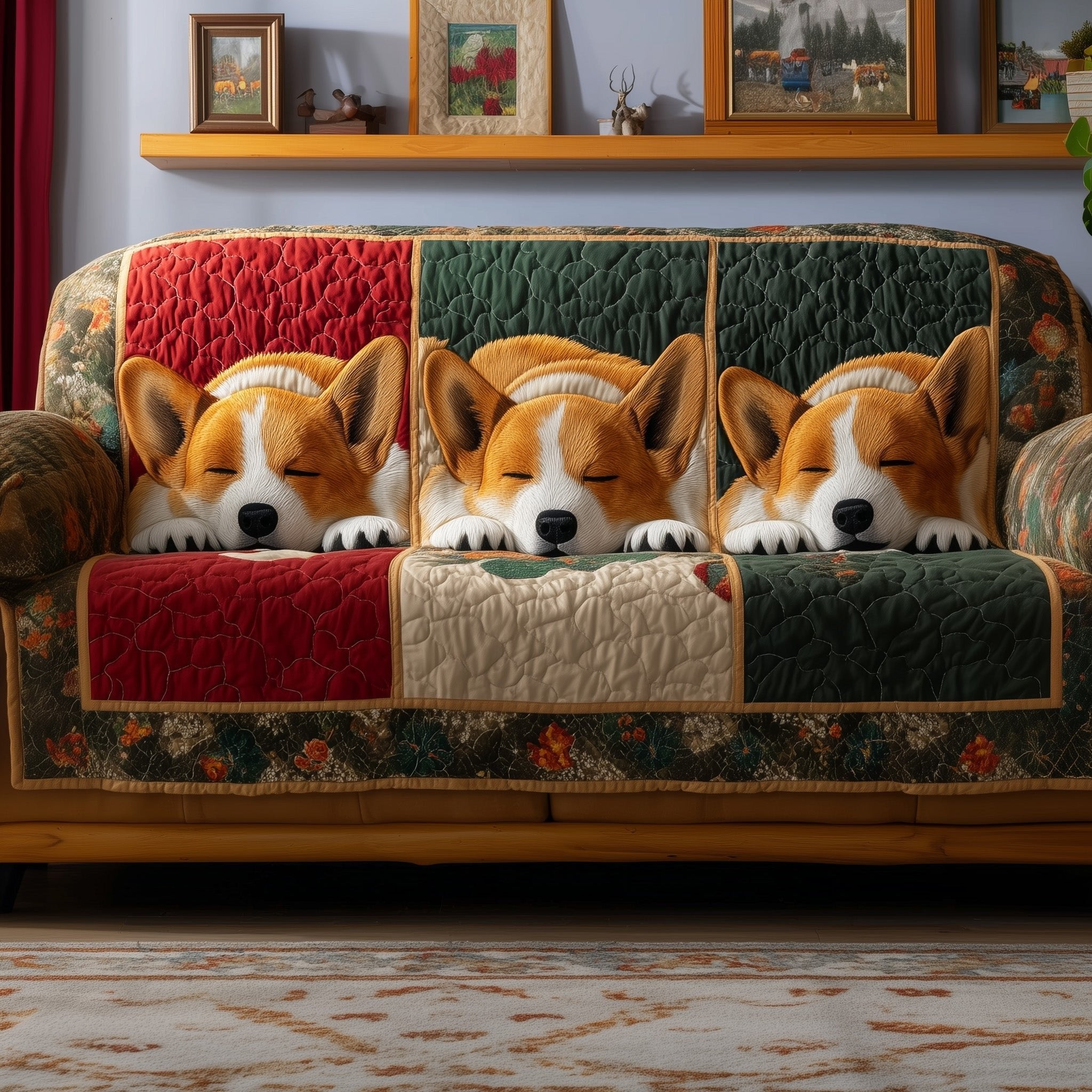 Napping Corgis on Red and Green Blocks Sofa Cover