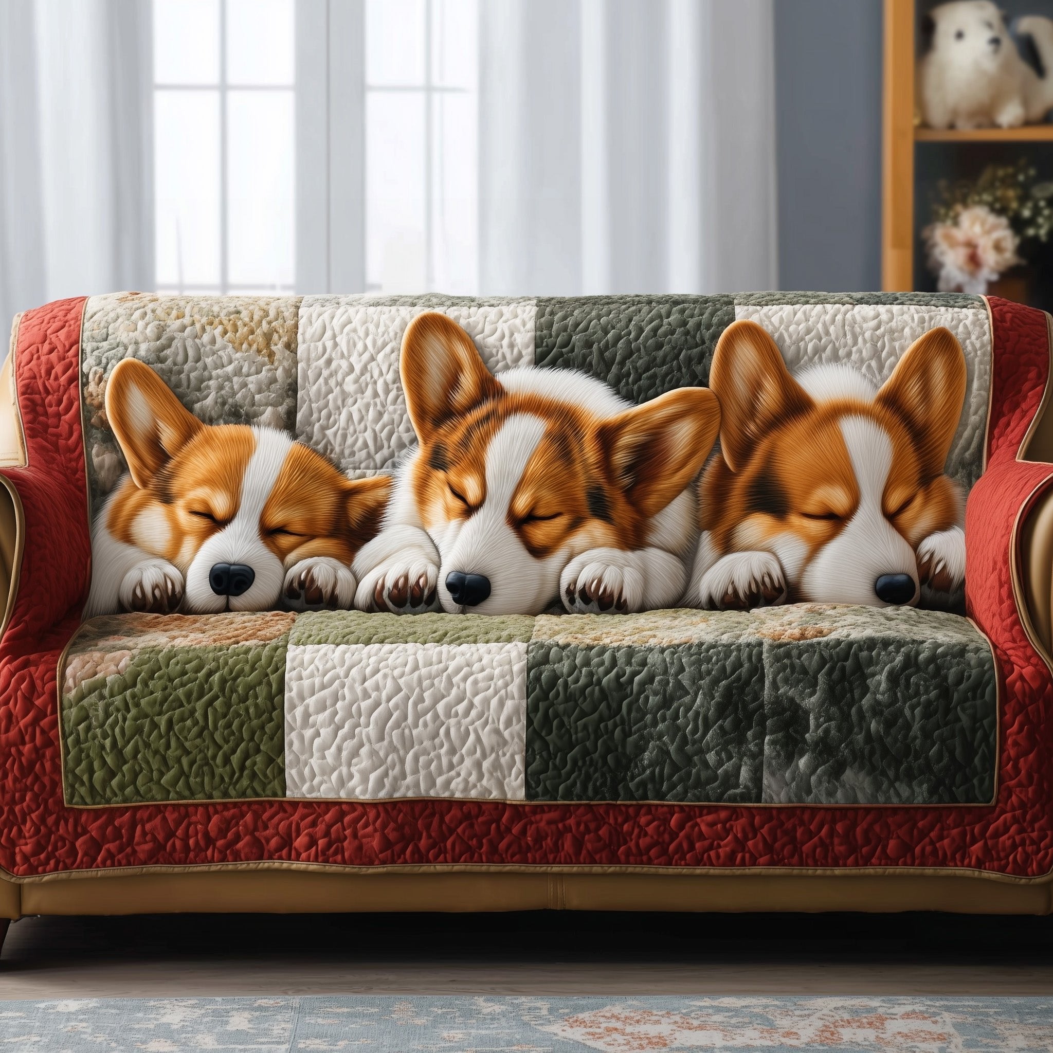 Corgi Row on Green Checkerboard Sofa Cover