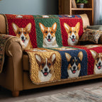 Corgi Faces on Mustard and Navy Sofa Cover