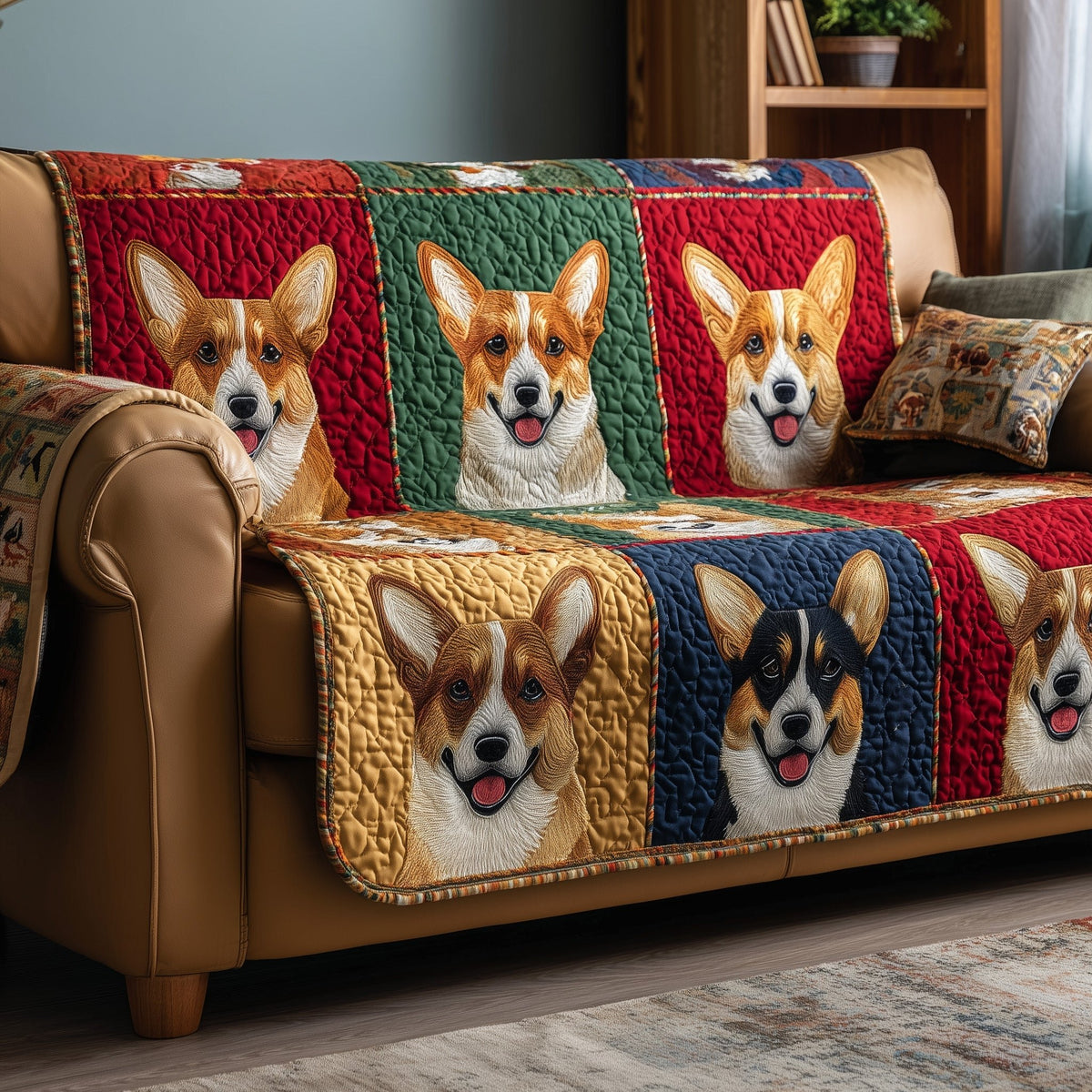 Corgi Faces on Mustard and Navy Sofa Cover