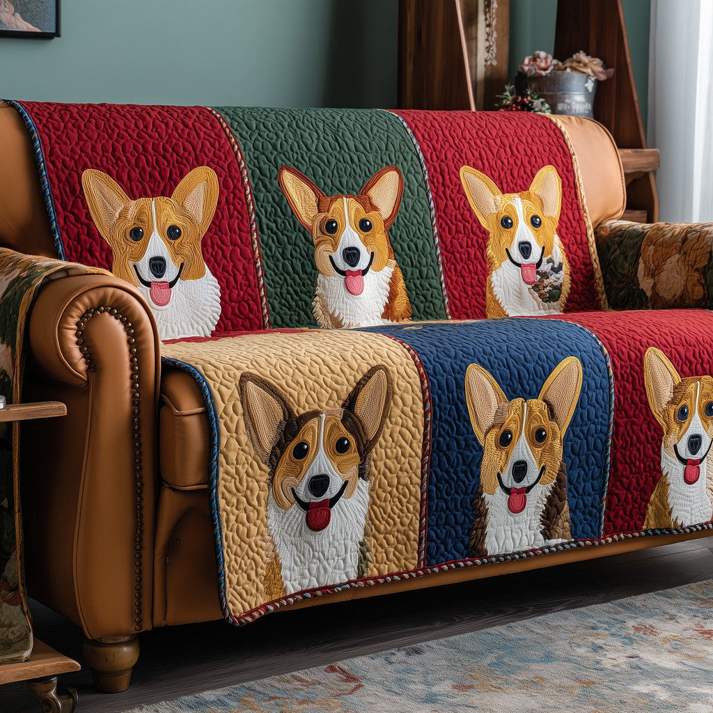 Smiling Corgis on Teal and Crimson Sofa Cover