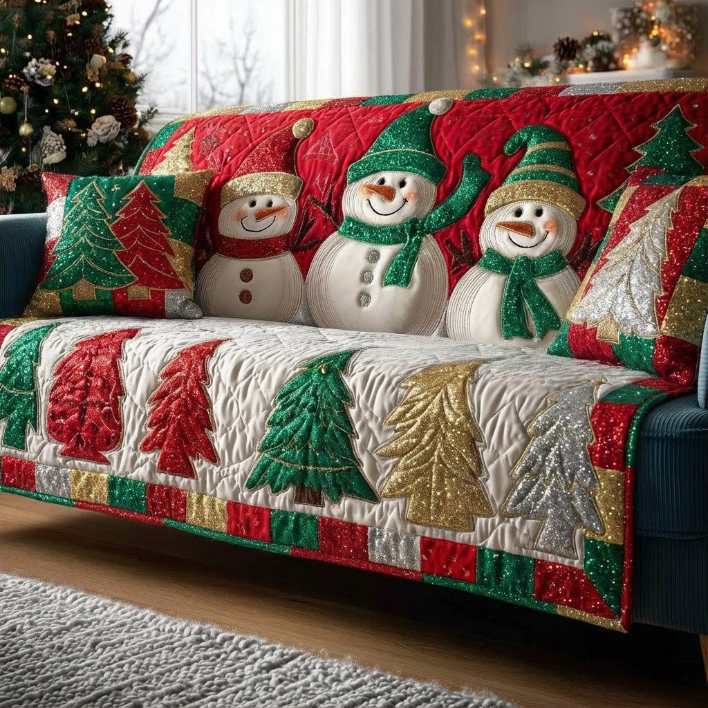 Snowmen Above Red and Green Tree Blocks Sofa Cover