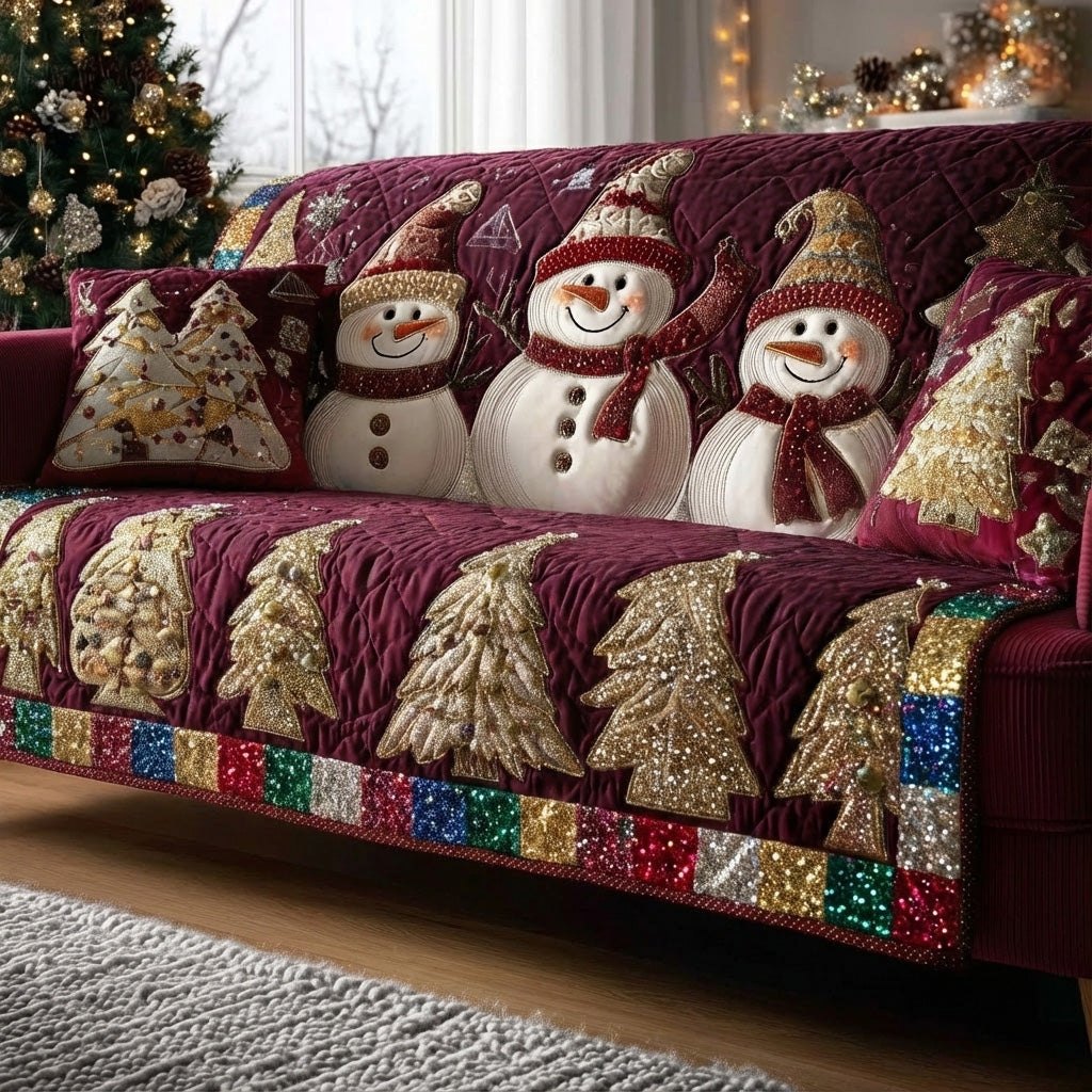 Snowmen Over Burgundy and Cream Trees Sofa Cover