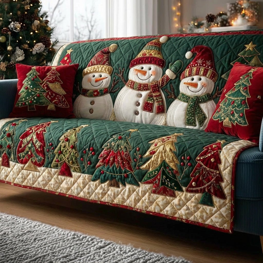 Snowmen Above Green and Crimson Firs Sofa Cover