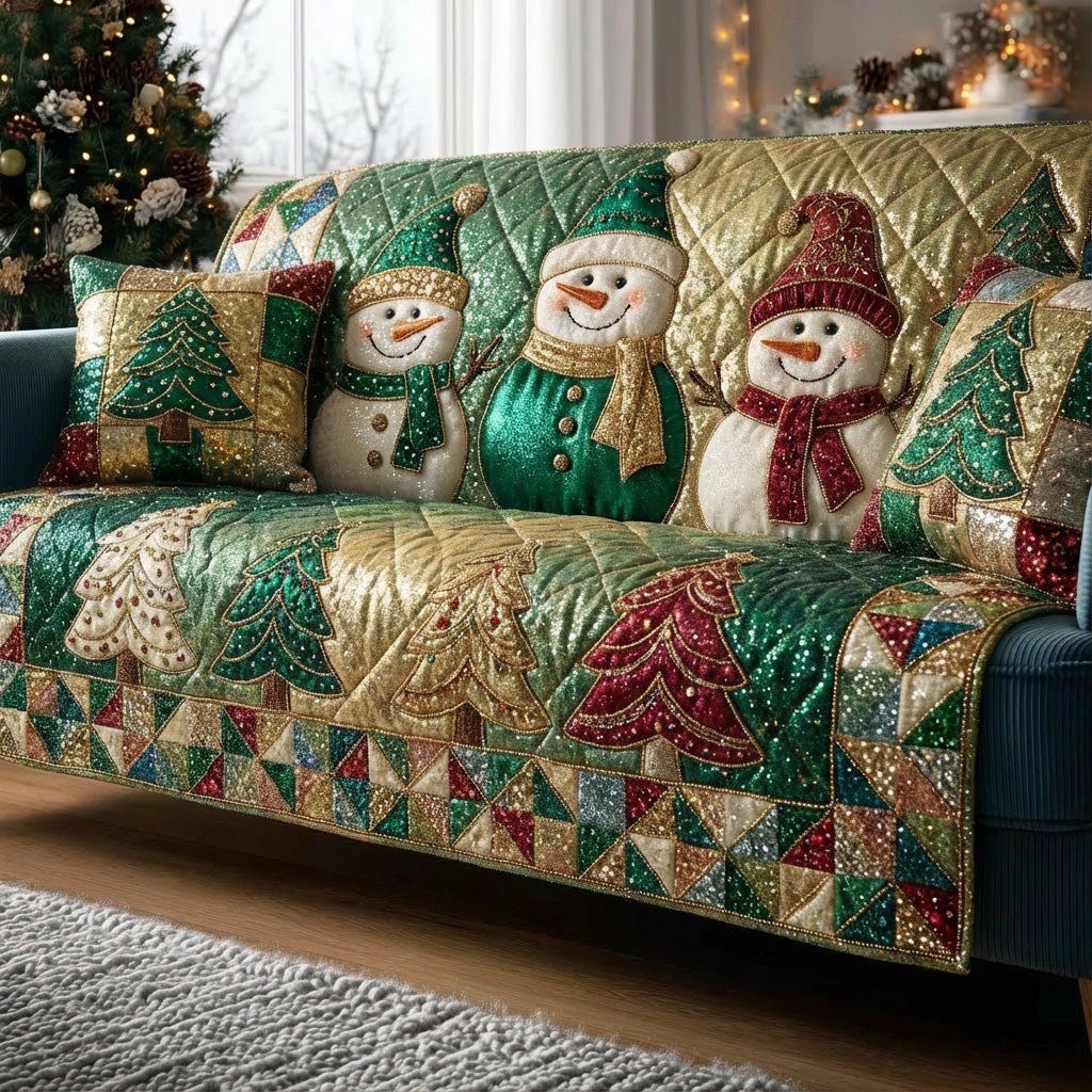 Snowmen Over Green and Gold Trees Sofa Cover