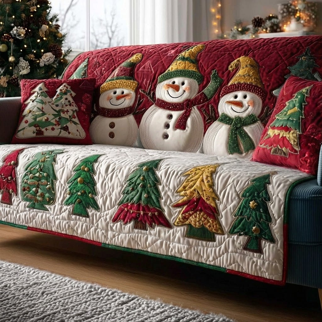 Snowmen Above Cream and Green Firs Sofa Cover