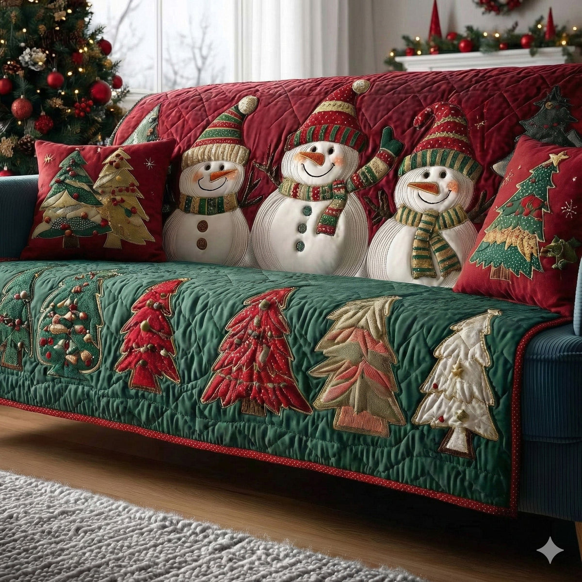 Snowmen Over Red Trees on Green Sofa Cover