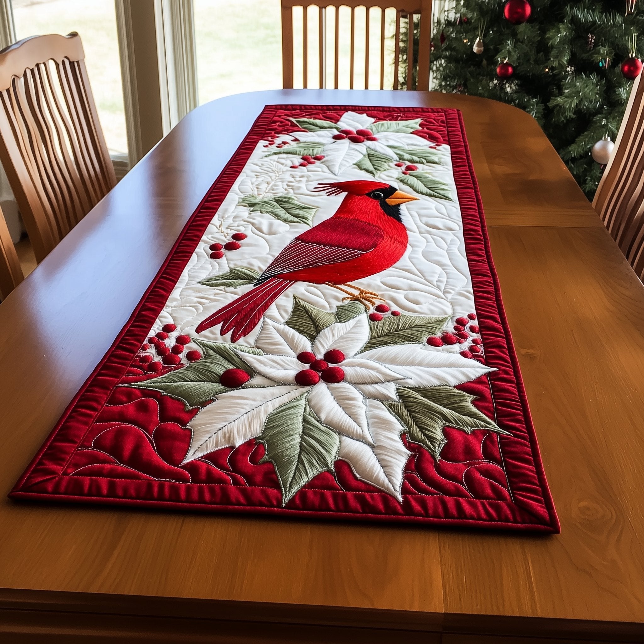 Cardinal on White Poinsettia Table Runner