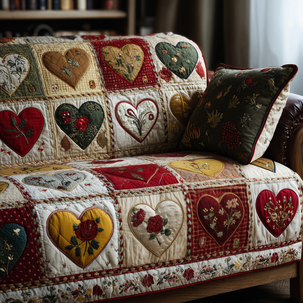 Hearts and Roses on Cream Patches Sofa Cover