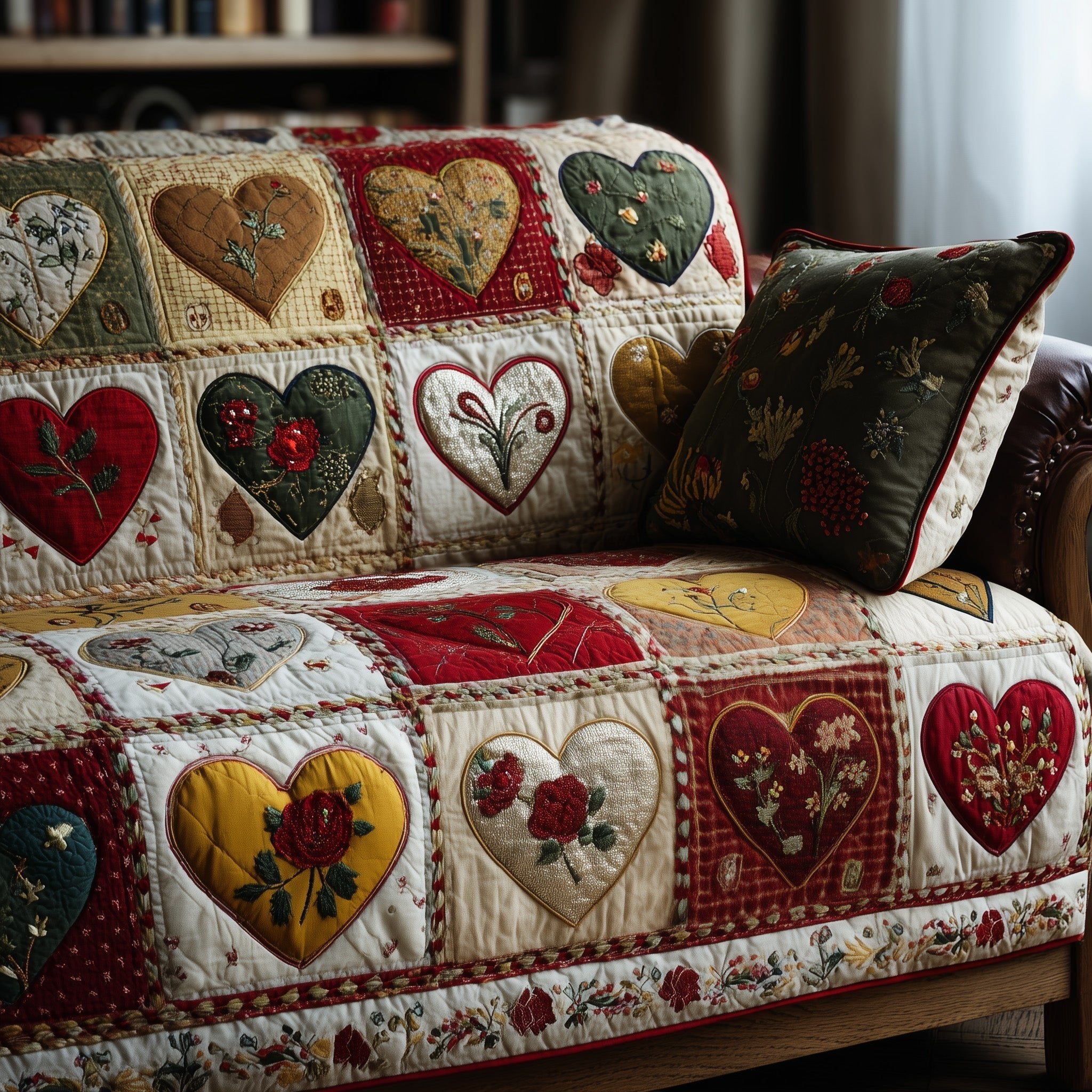 Hearts and Roses on Cream Patches Sofa Cover