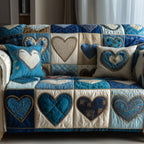 Blue Hearts on Cream Patchwork Sofa Cover