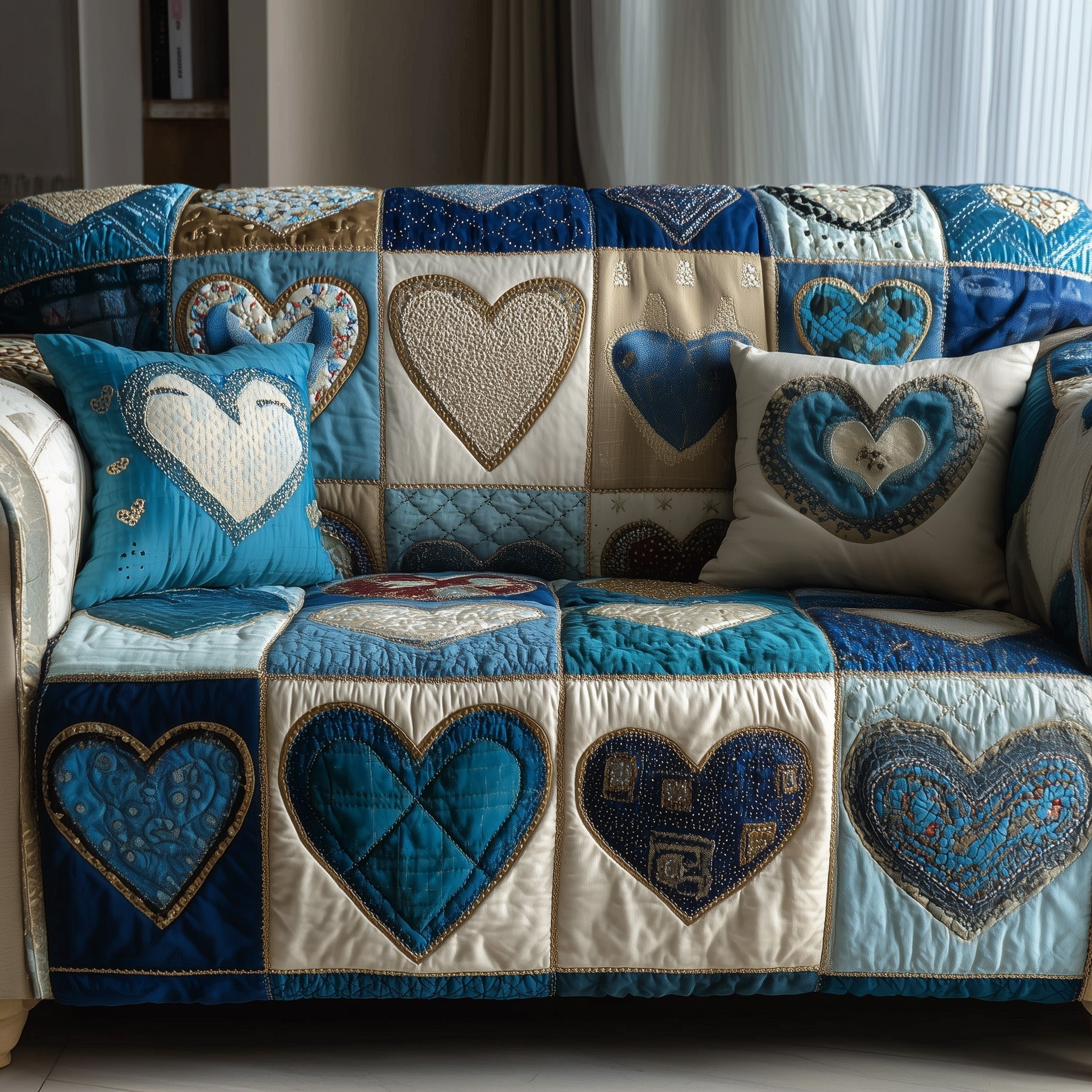 Blue Hearts on Cream Patchwork Sofa Cover