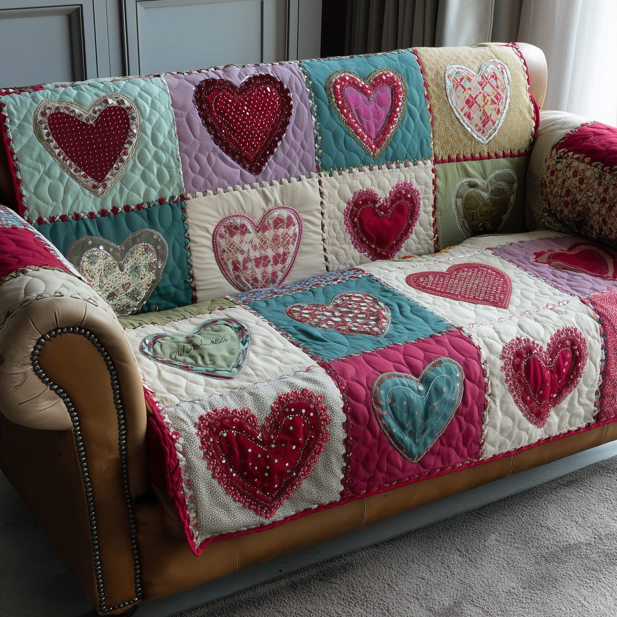 Pastel Hearts on Pink and Teal Sofa Cover