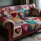 Hearts on Crimson and Cream Squares Sofa Cover