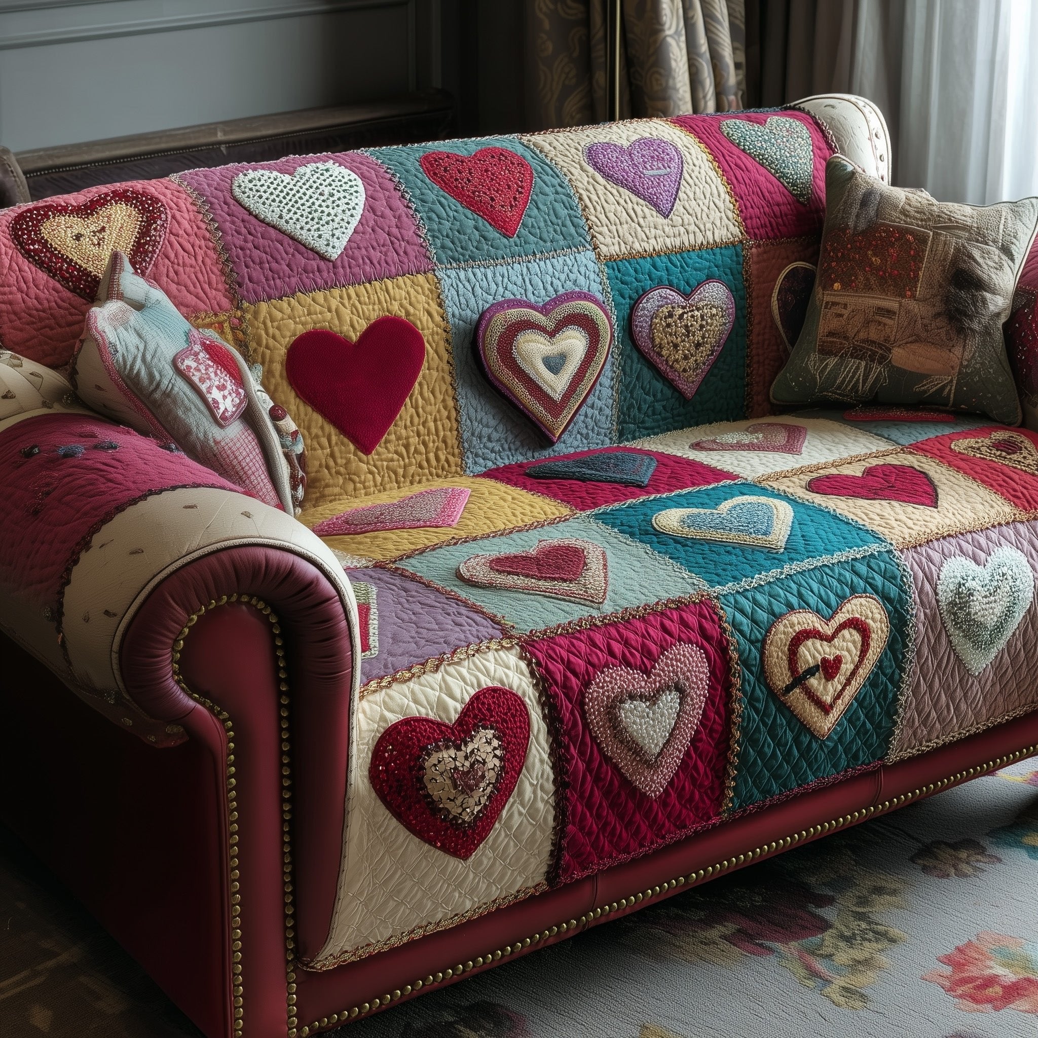 Hearts on Crimson and Cream Squares Sofa Cover