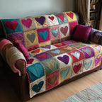 Hearts on Purple and Teal Patches Sofa Cover