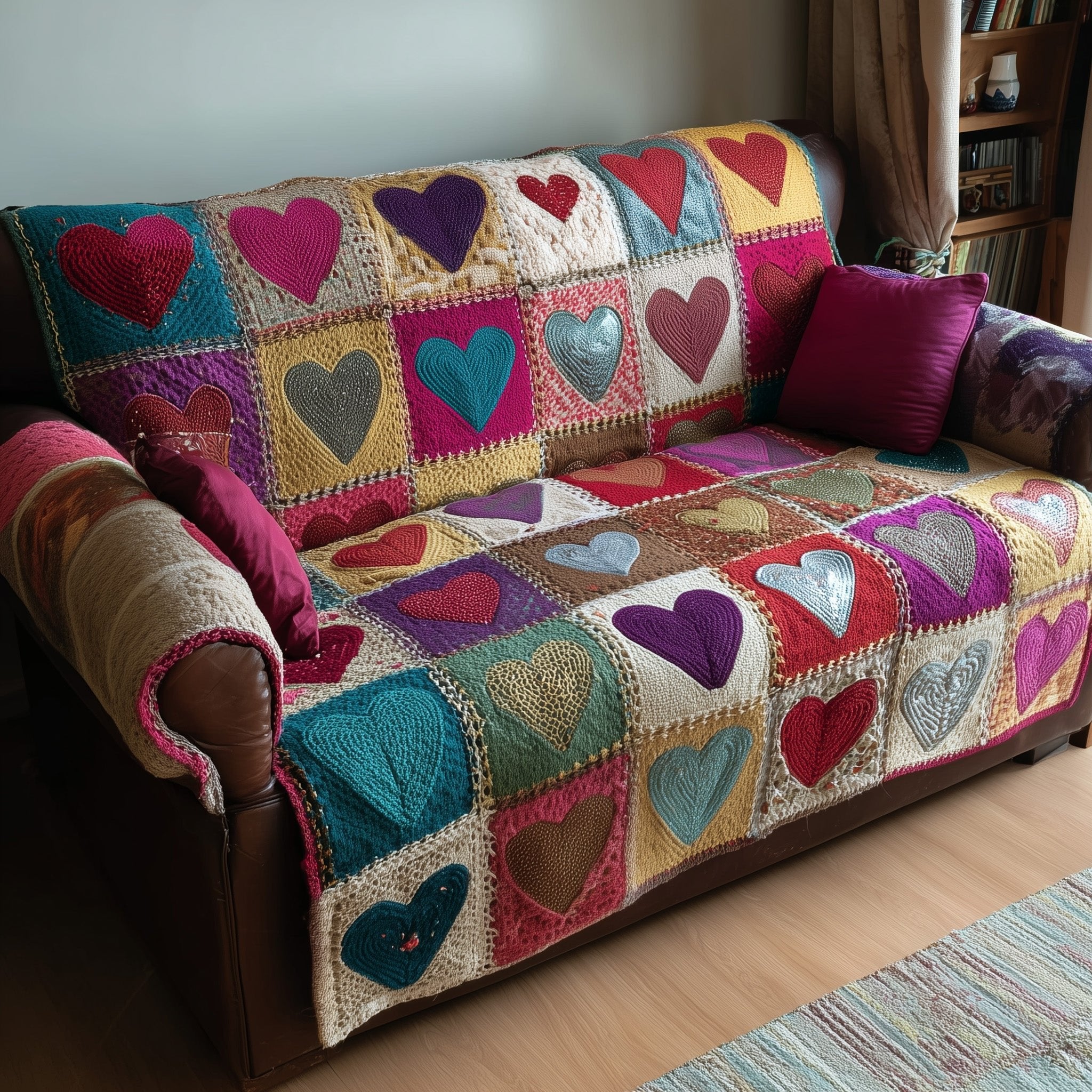 Hearts on Purple and Teal Patches Sofa Cover