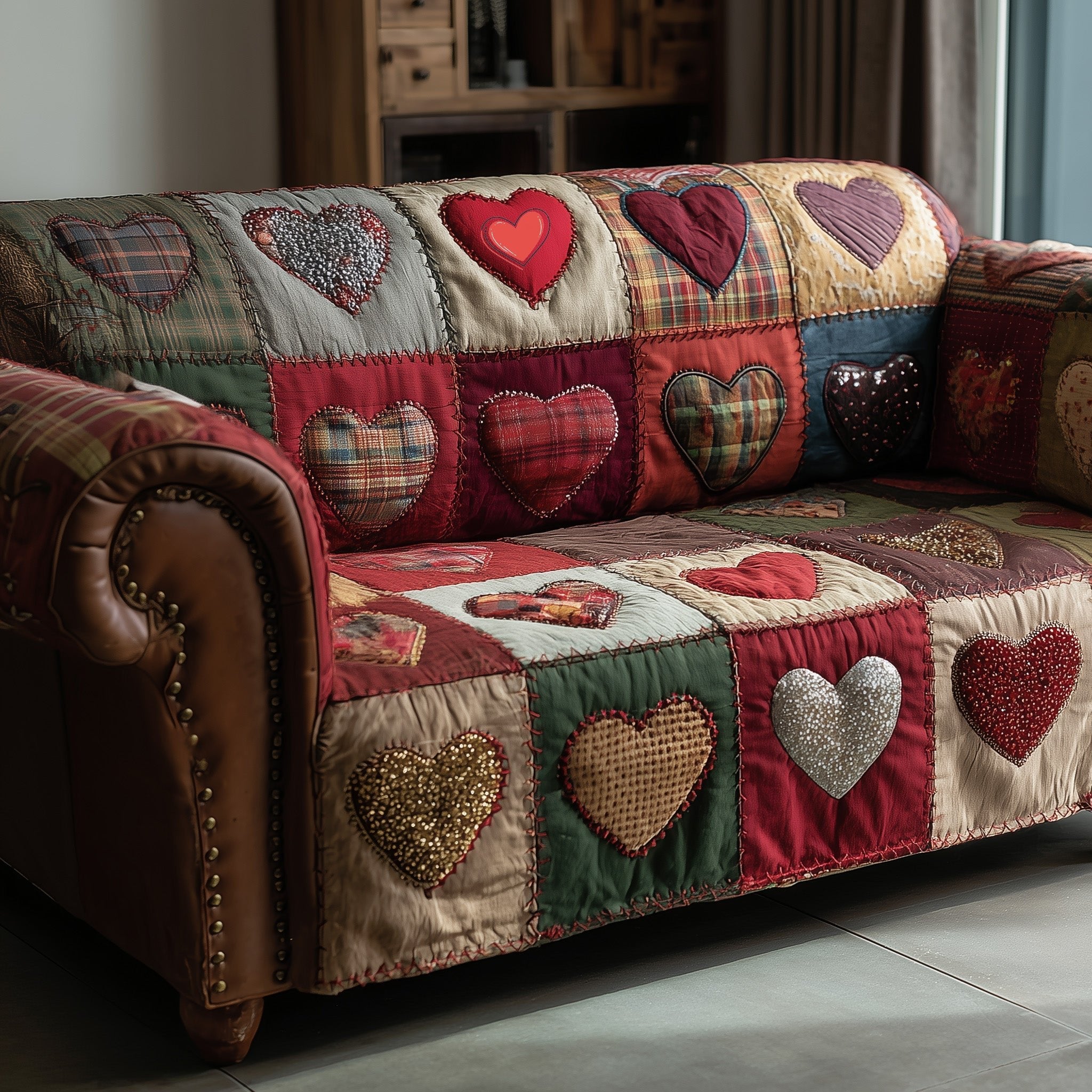 Red and White Hearts on Dark Patches Sofa Cover