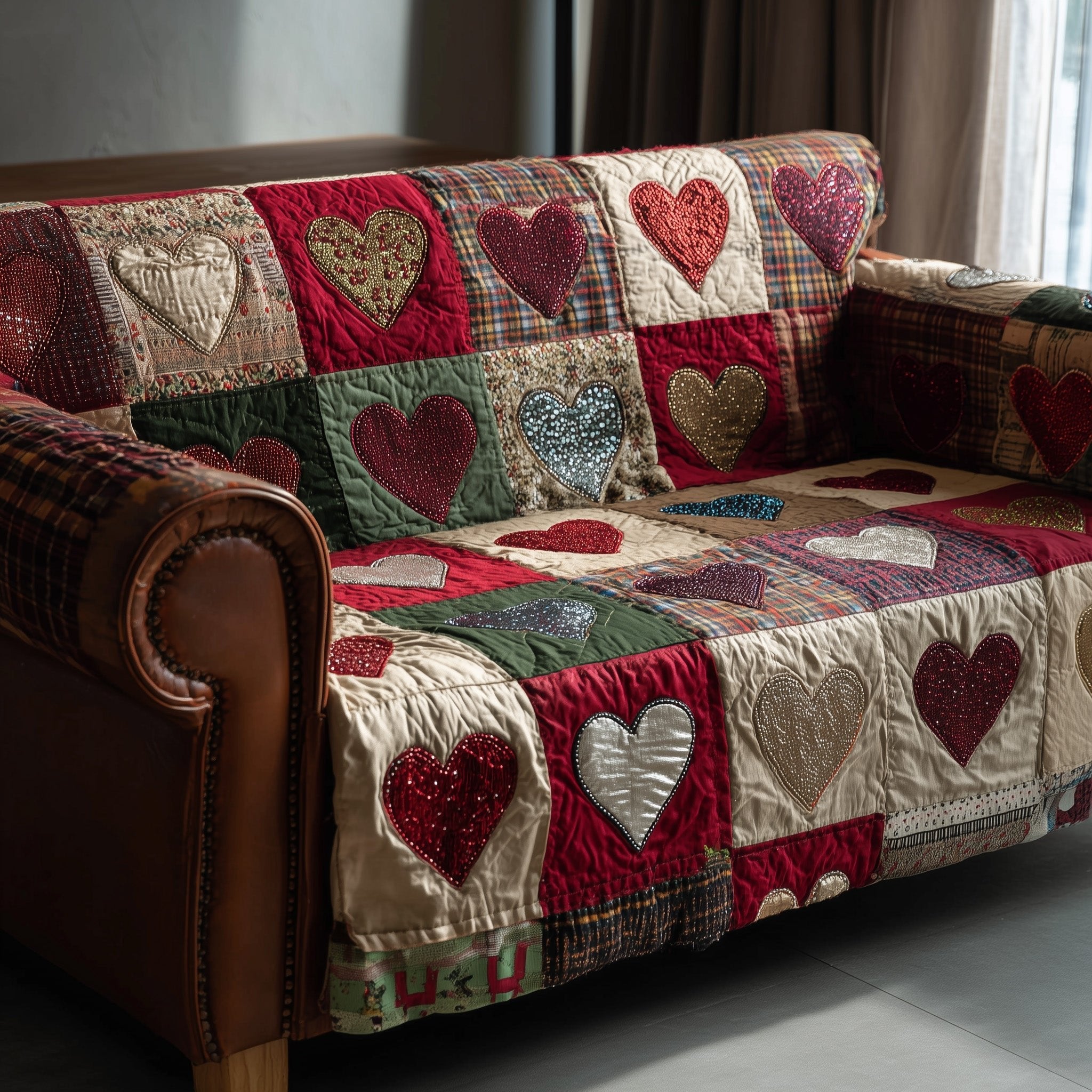Hearts on Green and Rust Patchwork Sofa Cover