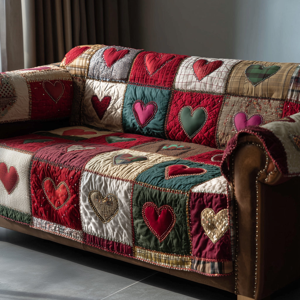 Red and Pink Hearts on White Sofa Cover