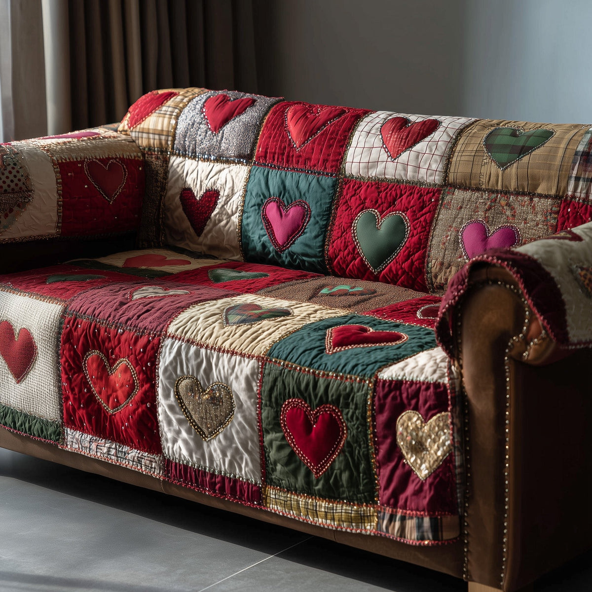 Red and Pink Hearts on White Sofa Cover