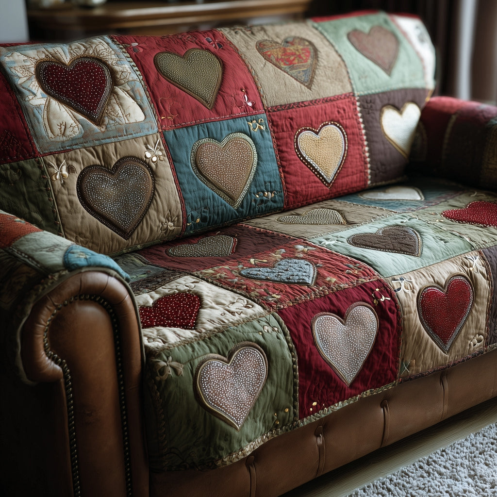 Grey and Red Hearts on Green Sofa Cover