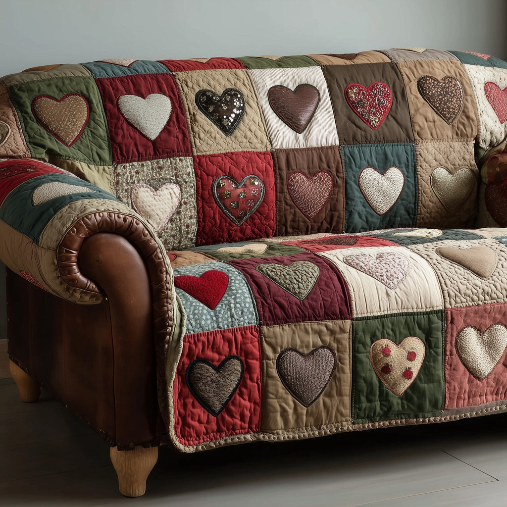 Hearts on Olive and Teal Squares Sofa Cover
