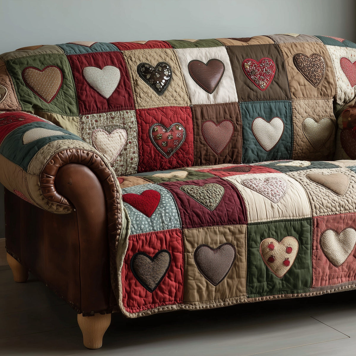 Hearts on Olive and Teal Squares Sofa Cover