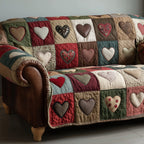 Hearts on Olive and Teal Squares Sofa Cover