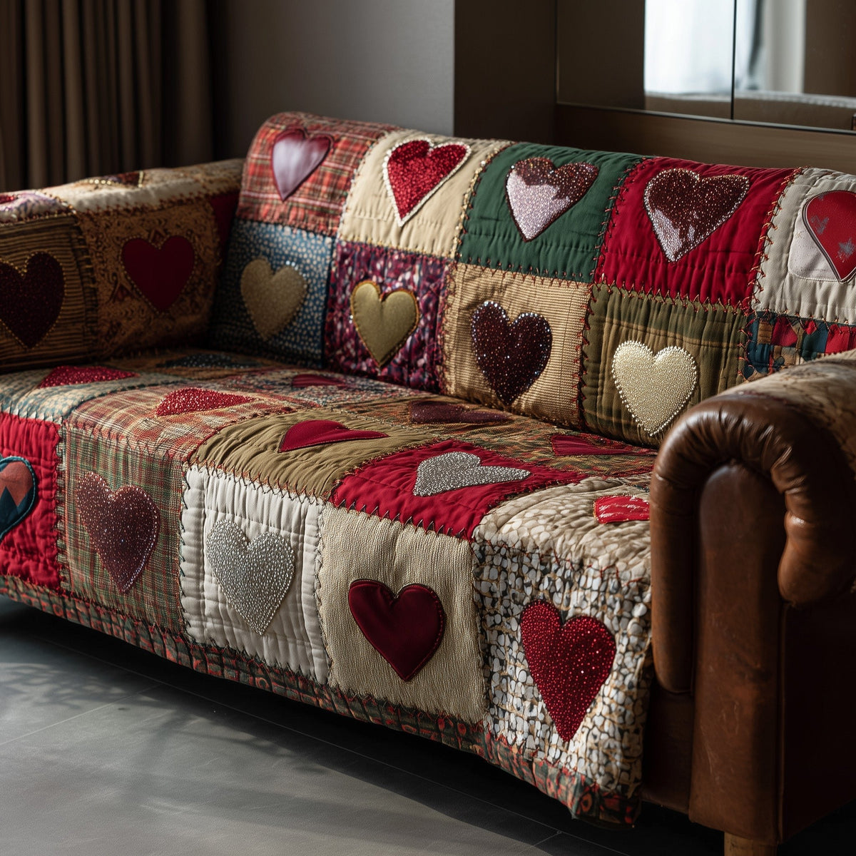 White and Red Hearts on Cream Sofa Cover