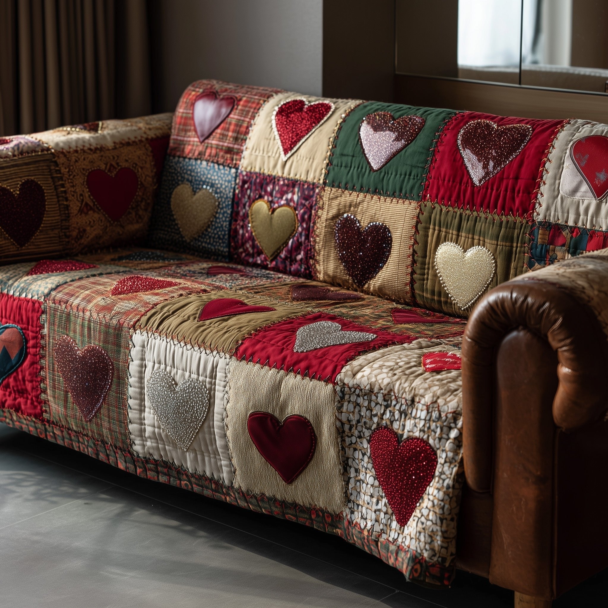 White and Red Hearts on Cream Sofa Cover