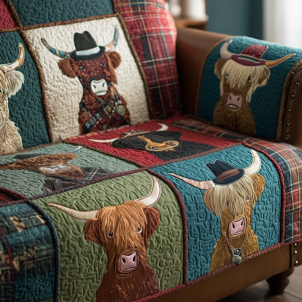 Highland Cows on Green and Red Patches Sofa Cover