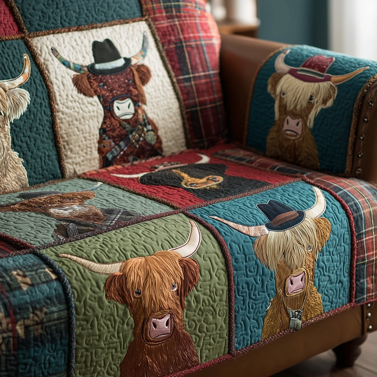 Highland Cows on Green and Red Patches Sofa Cover
