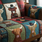 Highland Cows on Green and Red Patches Sofa Cover