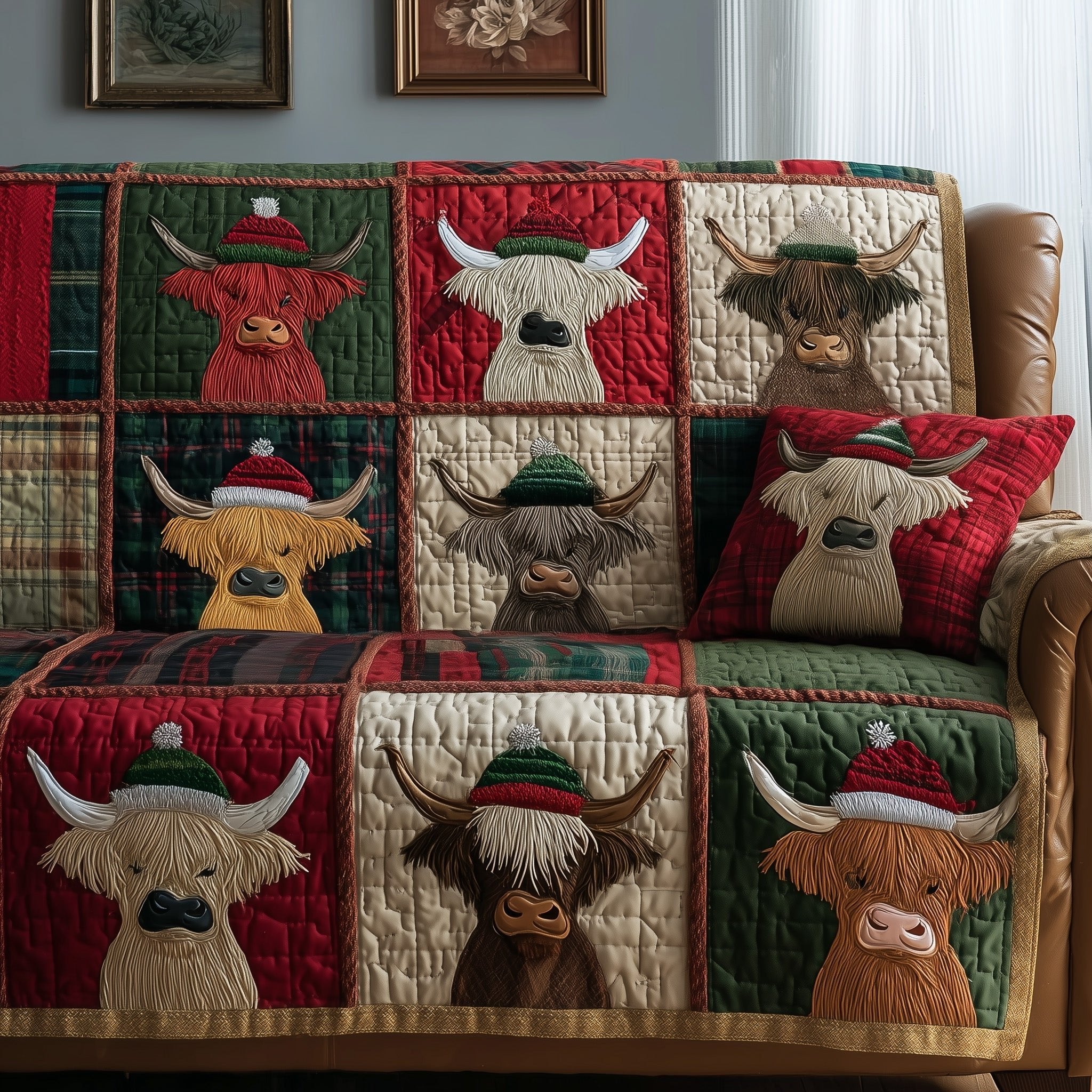 Highland Cows in Hats on Cream Sofa Cover