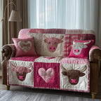 Highland Cows with Pink Hearts Sofa Cover