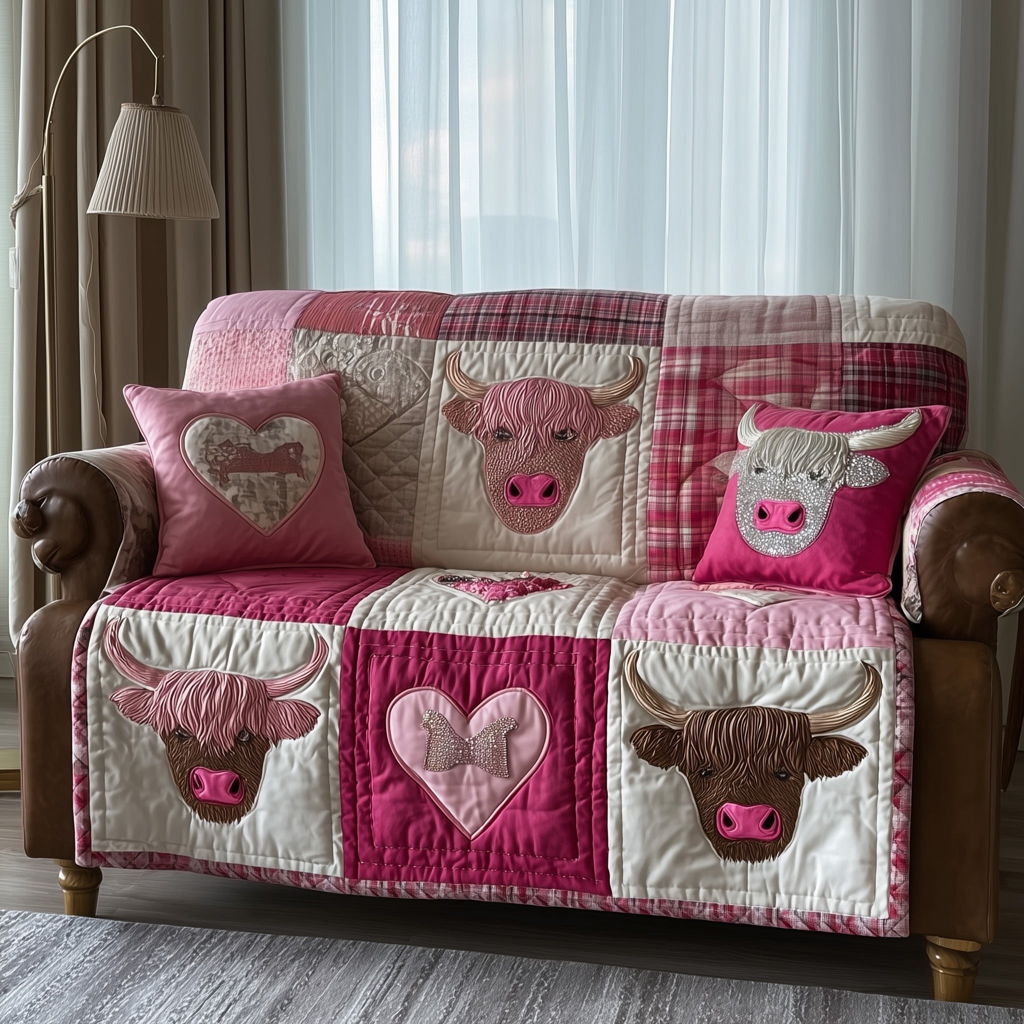 Highland Cows with Pink Hearts Sofa Cover