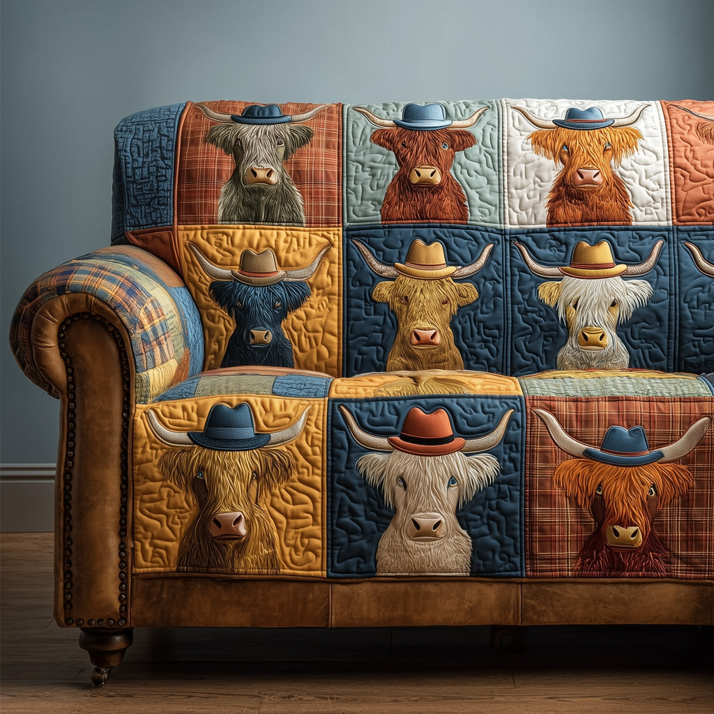 Highland Cows in Cowboy Hats on Gold Sofa Cover