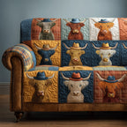 Highland Cows in Cowboy Hats on Gold Sofa Cover