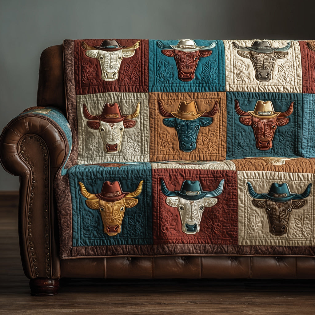 Highland Cows in Hats on Teal Sofa Cover