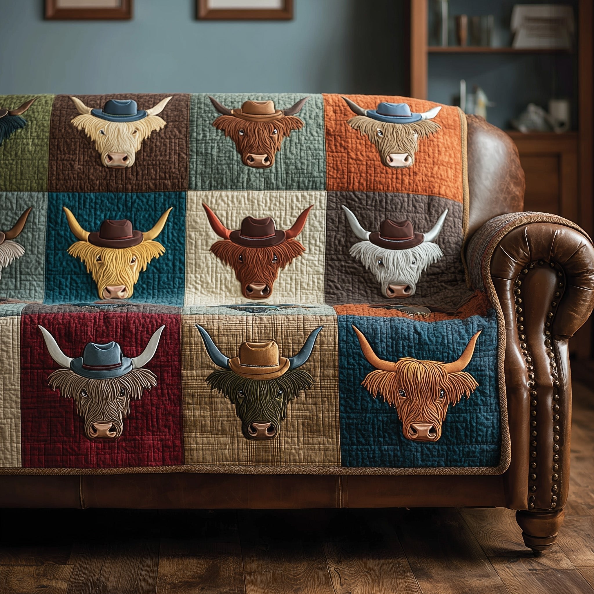 Highland Cows in Hats on Cream Squares Sofa Cover