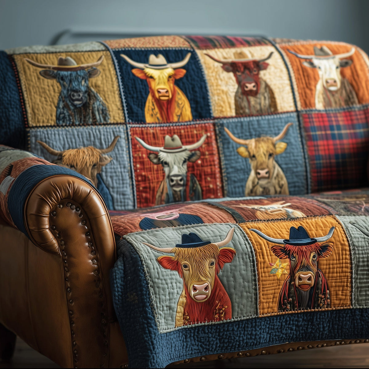 Highland Cows in Hats on Denim Blue Sofa Cover