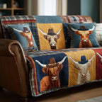 Highland Cows in Cowboy Hats on Blue Sofa Cover
