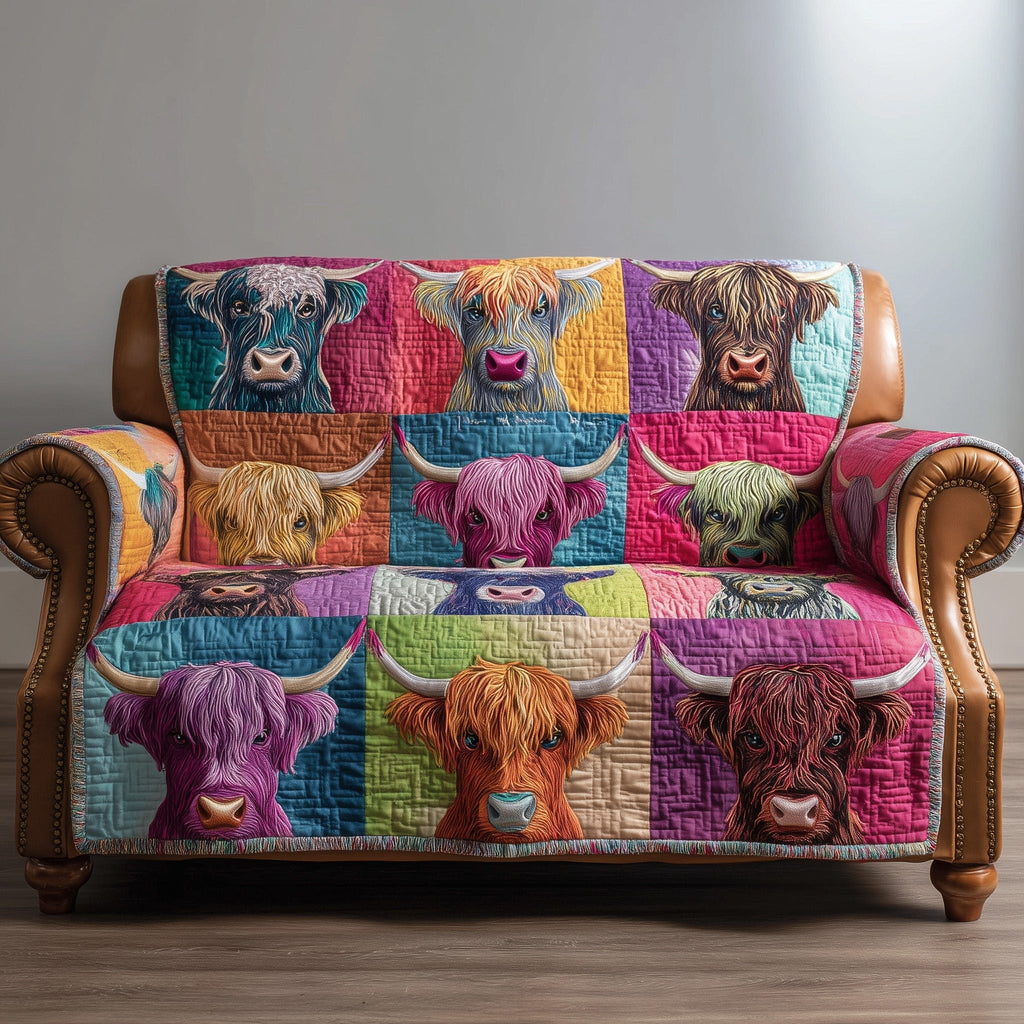 Highland Cows on Pink and Purple Patches Sofa Cover