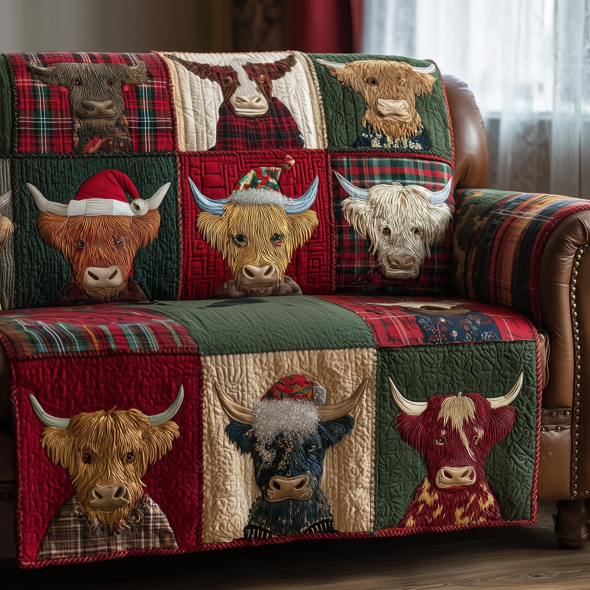 Highland Cows in Santa Hats on Red Sofa Cover