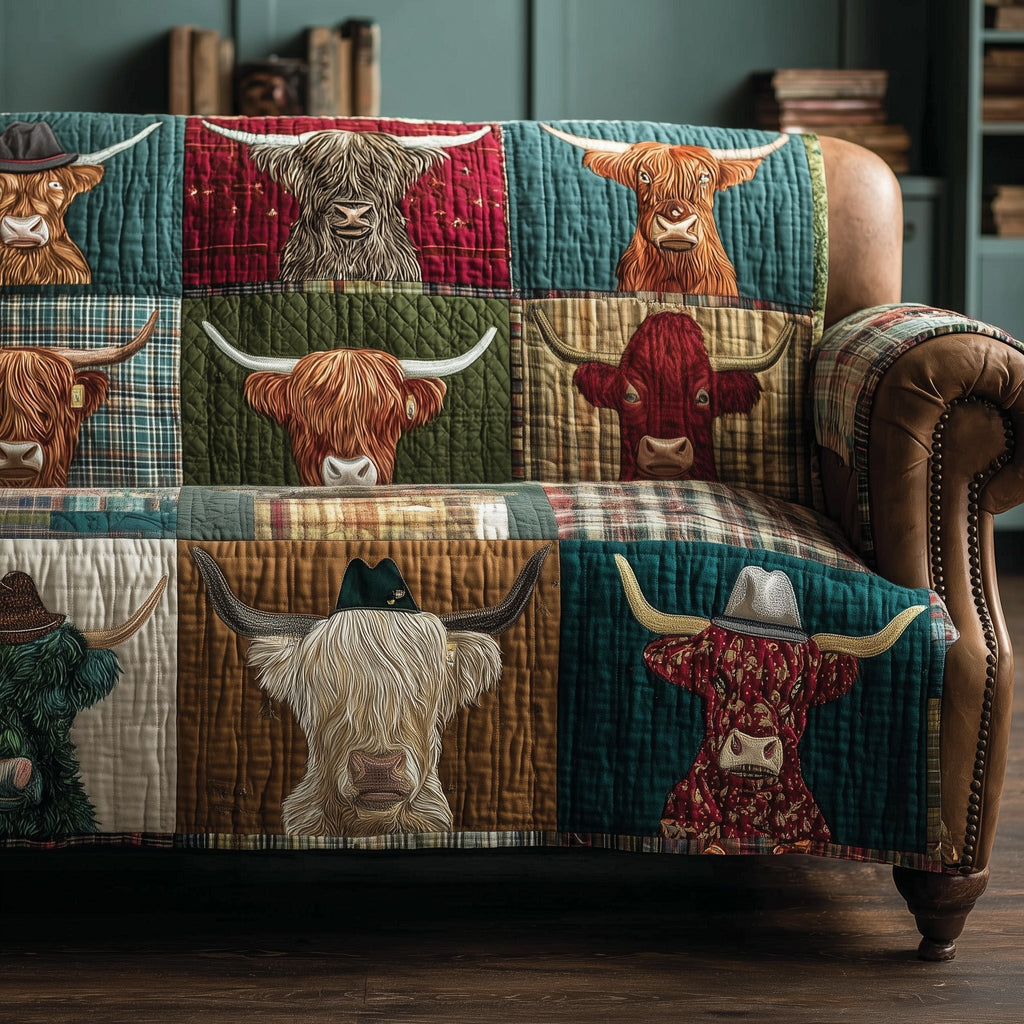 Highland Cows on Green and Cream Patches Sofa Cover