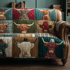 Highland Cows on Green and Cream Patches Sofa Cover