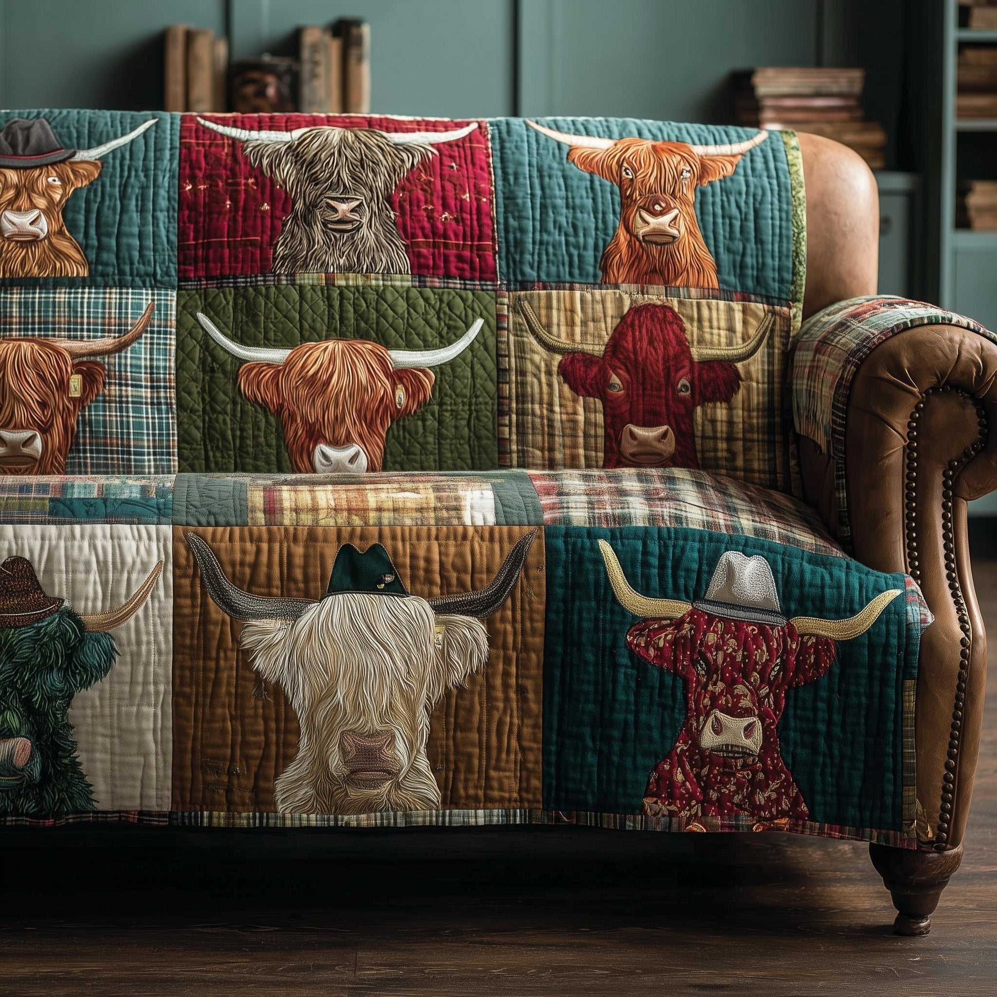 Highland Cows on Green and Cream Patches Sofa Cover